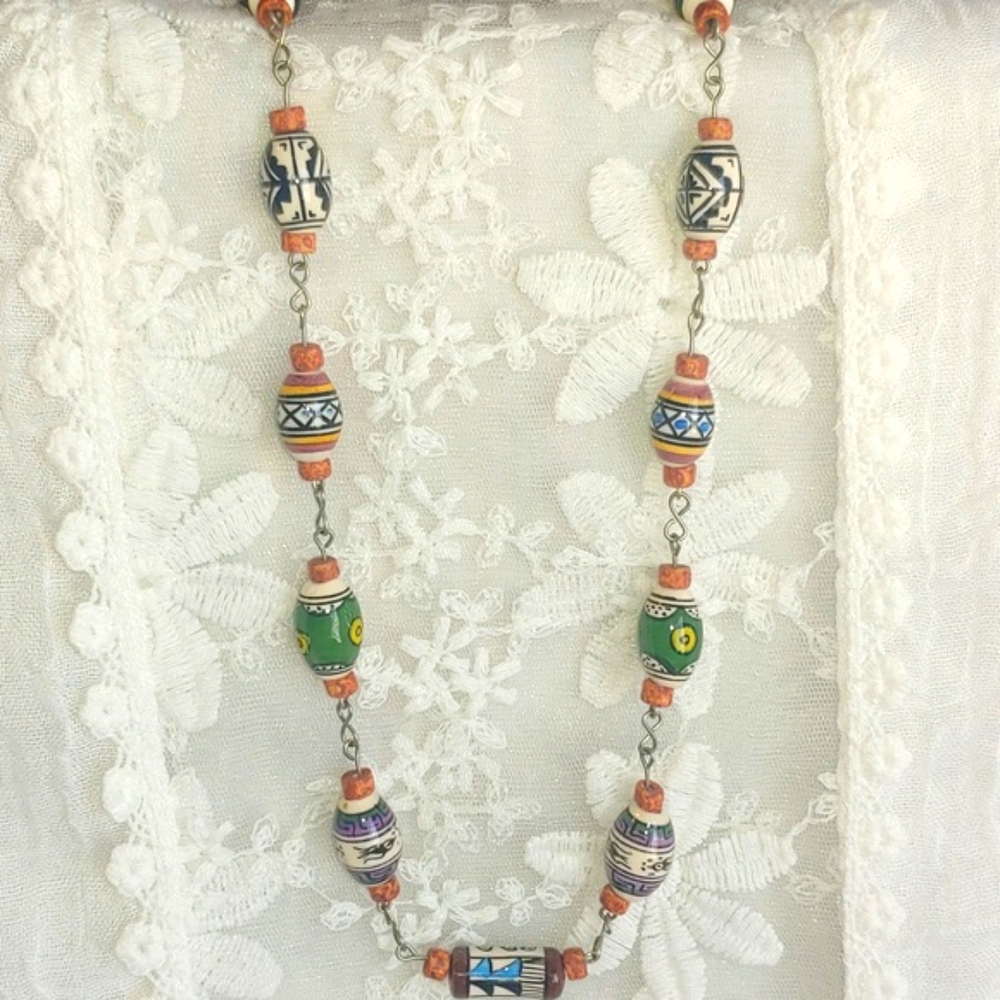 Colombian Hand Painted Clay Bead Necklace - Picture 5 of 13